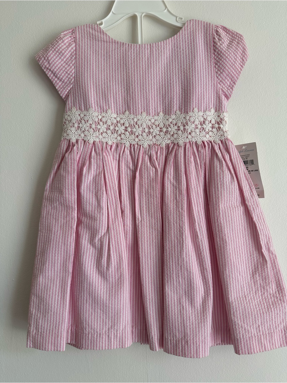 Ralph Lauren Girls 24M Pink Seersucker Dress Lace Trim NWT